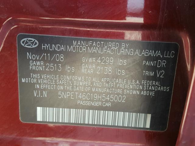 5NPET46C19H545002 - 2009 HYUNDAI SONATA GLS RED photo 10