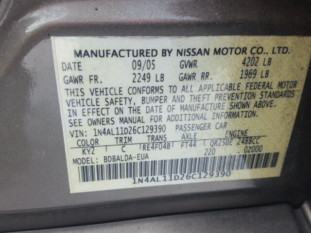 1N4AL11D26C129390 - 2006 NISSAN ALTIMA S TAN photo 10