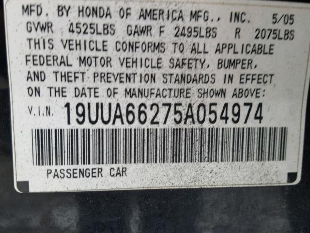 19UUA66275A054974 - 2005 ACURA TL BLACK photo 10