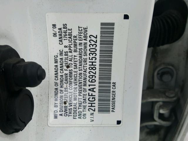 2HGFA16928H530322 - 2008 HONDA CIVIC EXL WHITE photo 10