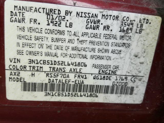 3N1CB51D52L641806 - 2002 NISSAN SENTRA XE MAROON photo 10