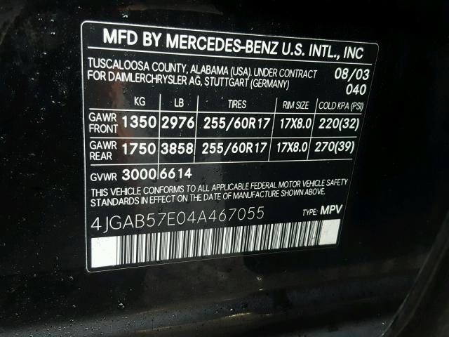 4JGAB57E04A467055 - 2004 MERCEDES-BENZ ML 350 BLACK photo 10