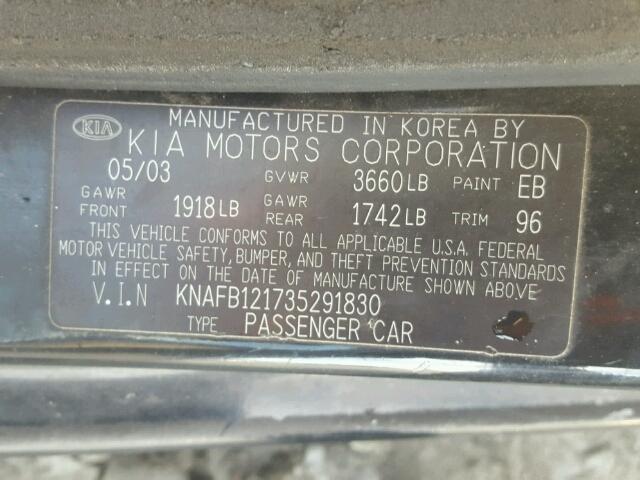 KNAFB121735291830 - 2003 KIA SPECTRA BA BLACK photo 10