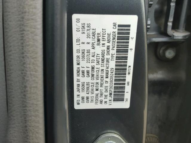 JHMCP26338C052429 - 2008 HONDA ACCORD LX GRAY photo 10