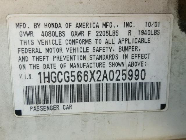 1HGCG566X2A025990 - 2002 HONDA ACCORD EX WHITE photo 10