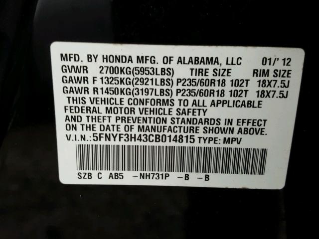 5FNYF3H43CB014815 - 2012 HONDA PILOT EX BLACK photo 10