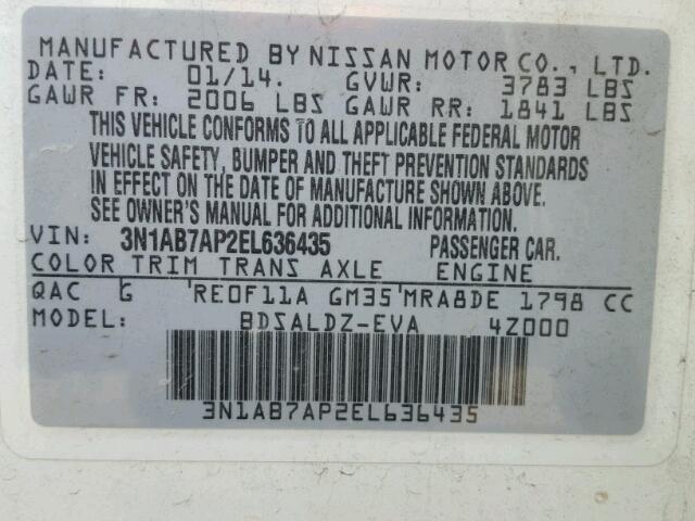 3N1AB7AP2EL636435 - 2014 NISSAN SENTRA S WHITE photo 10