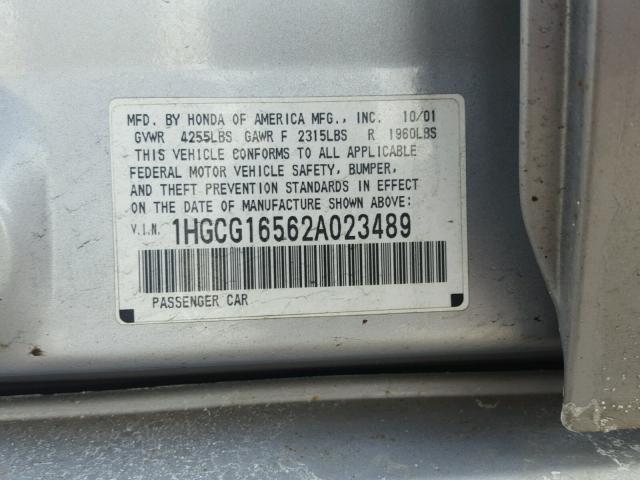 1HGCG16562A023489 - 2002 HONDA ACCORD EX SILVER photo 10