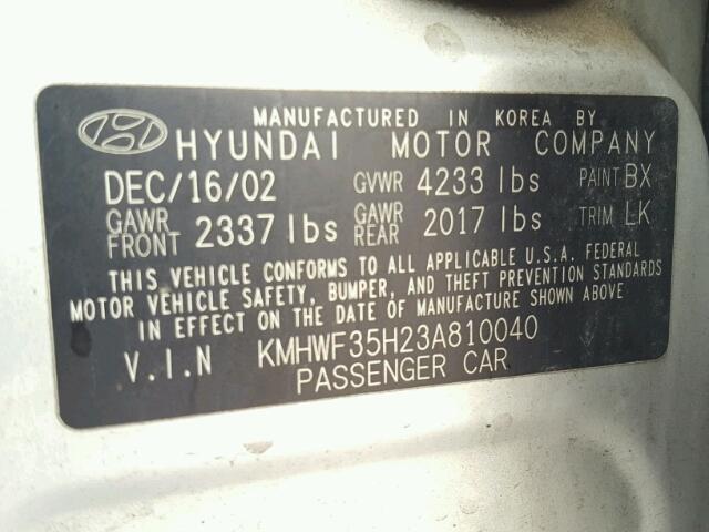 KMHWF35H23A810040 - 2003 HYUNDAI SONATA GLS SILVER photo 10