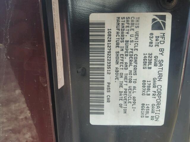 1G8ZR12792Z233512 - 2002 SATURN SC2 MAROON photo 10