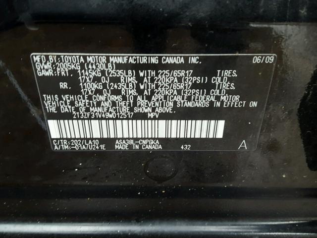 2T3ZF31V49W012517 - 2009 TOYOTA RAV4 LIMIT BLACK photo 10