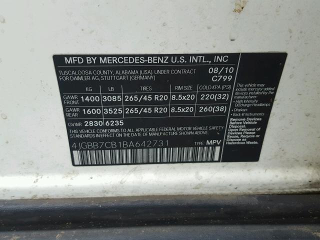 4JGBB7CB1BA642731 - 2011 MERCEDES-BENZ ML 550 4MA WHITE photo 10