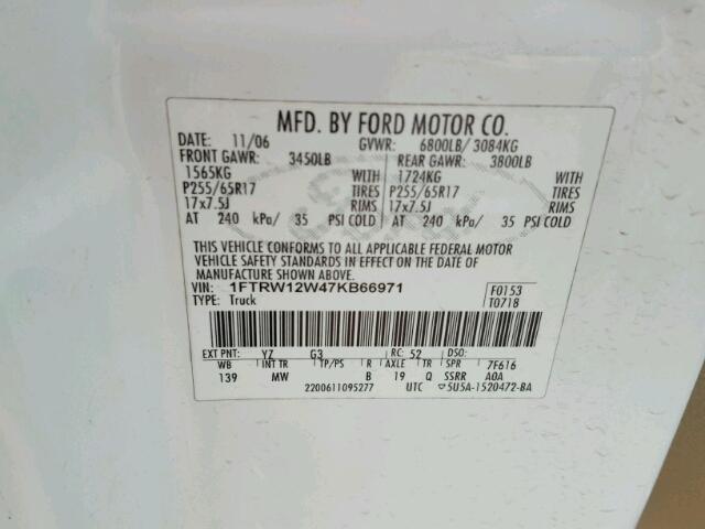 1FTRW12W47KB66971 - 2007 FORD F150 SUPER WHITE photo 10