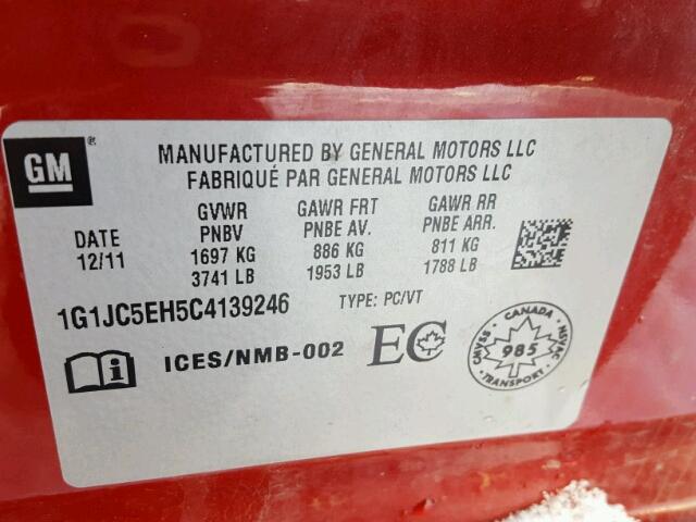 1G1JC5EH5C4139246 - 2012 CHEVROLET SONIC LT RED photo 10