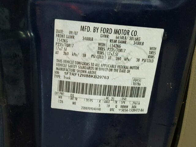 1FTRF12W88KB29763 - 2008 FORD F150 BLUE photo 10