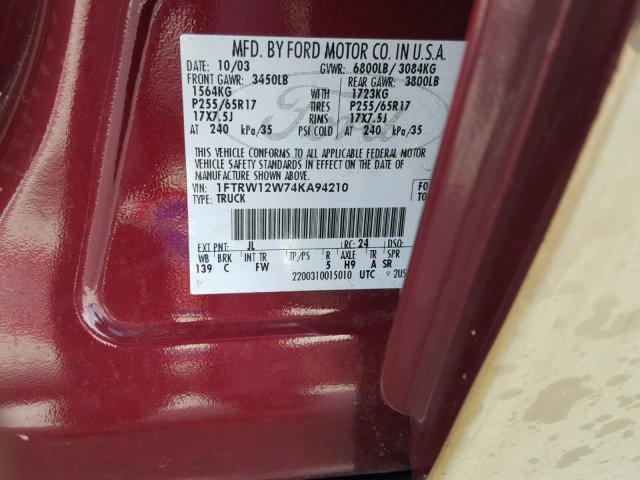 1FTRW12W74KA94210 - 2004 FORD F150 SUPER BURGUNDY photo 10