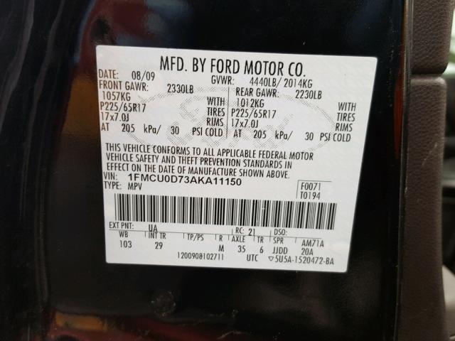 1FMCU0D73AKA11150 - 2010 FORD ESCAPE BLACK photo 10