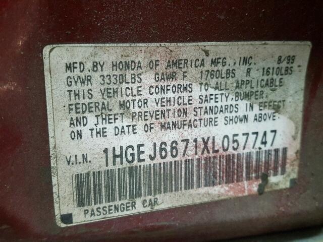 1HGEJ6671XL057747 - 1999 HONDA CIVIC LX RED photo 10