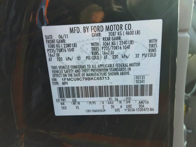 1FMCU9C79BKC65713 - 2011 FORD ESCAPE XLS BLACK photo 10