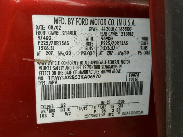 1FMYU02B53KA06970 - 2003 FORD ESCAPE XLS RED photo 10