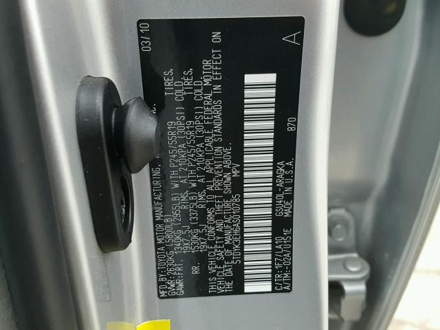 5TDYK3EH6AS010785 - 2010 TOYOTA HIGHLANDER SILVER photo 10