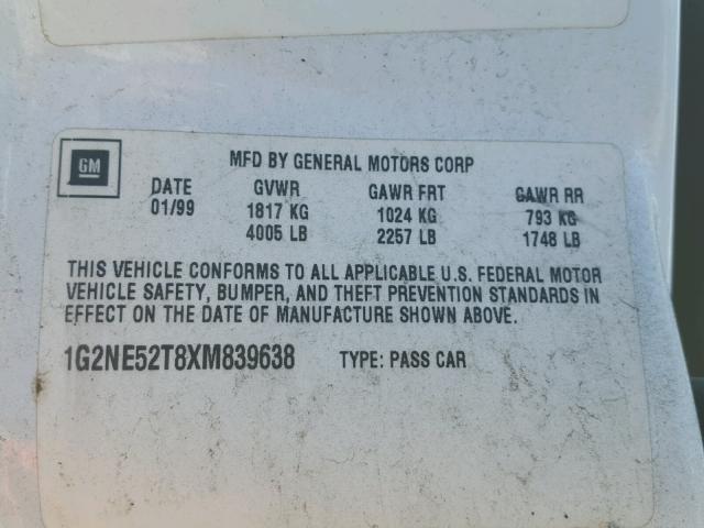 1G2NE52T8XM839638 - 1999 PONTIAC GRAND AM S WHITE photo 10