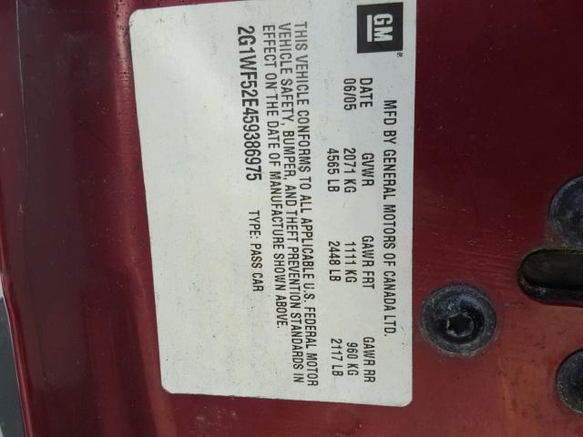 2G1WF52E459386975 - 2005 CHEVROLET IMPALA BURGUNDY photo 10