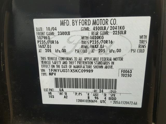 1FMYU031X5KC09989 - 2005 FORD ESCAPE XLT BLACK photo 10