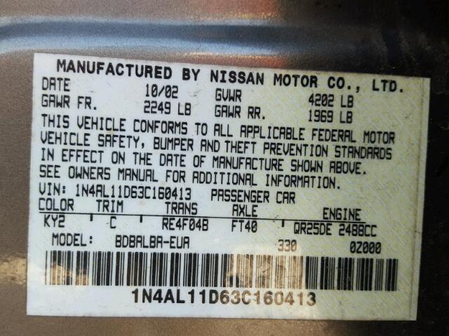 1N4AL11D63C160413 - 2003 NISSAN ALTIMA BAS BEIGE photo 10