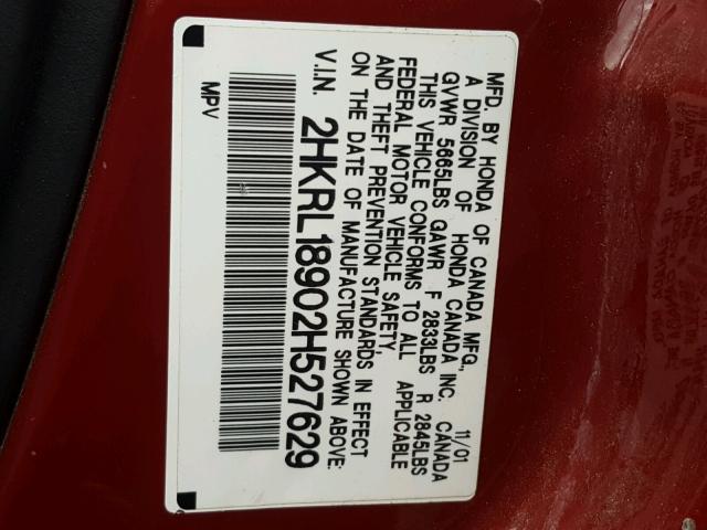 2HKRL18902H527629 - 2002 HONDA ODYSSEY EX RED photo 10