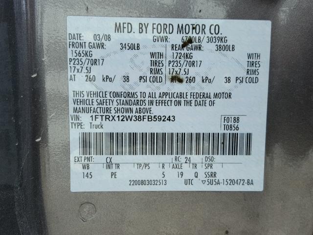 1FTRX12W38FB59243 - 2008 FORD F150 CHARCOAL photo 10