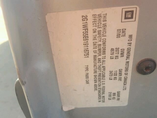 2G1WF55E619116751 - 2001 CHEVROLET IMPALA 银色 照片 10