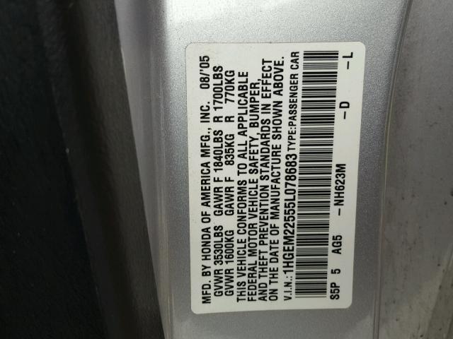 1HGEM22555L078683 - 2005 HONDA CIVIC LX SILVER photo 10