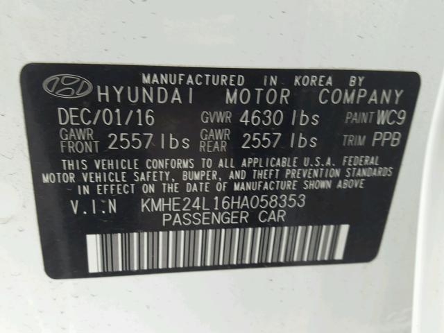 KMHE24L16HA058353 - 2017 HYUNDAI SONATA HYB WHITE photo 10