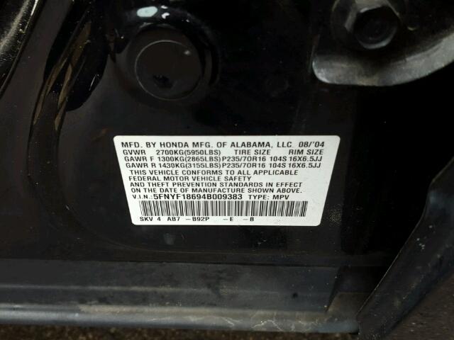 5FNYF18694B009383 - 2004 HONDA PILOT EXL BLACK photo 10