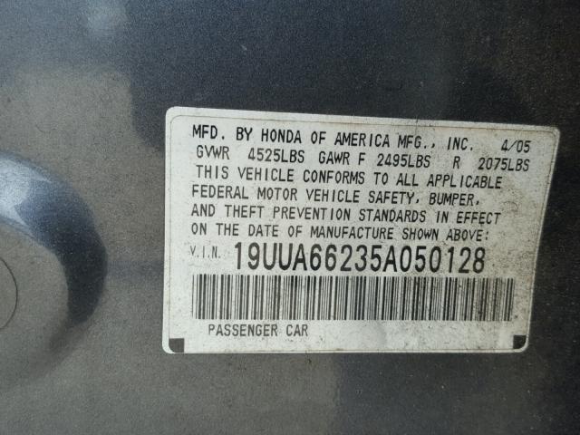 19UUA66235A050128 - 2005 ACURA TL GRAY photo 10