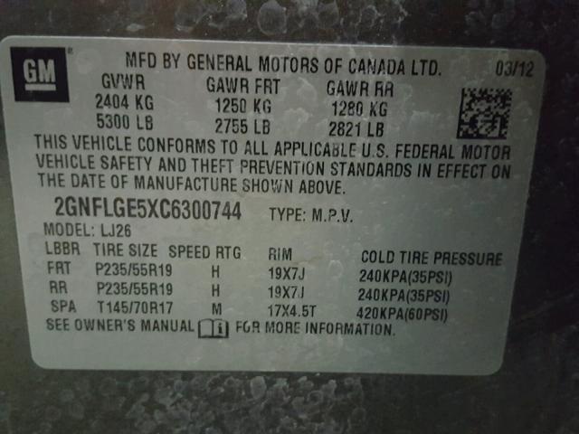 2GNFLGE5XC6300744 - 2012 CHEVROLET EQUINOX LT GRAY photo 10