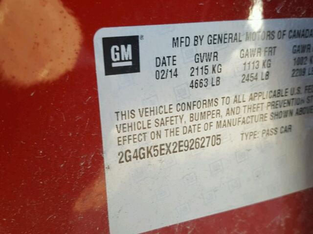 2G4GK5EX2E9262705 - 2014 BUICK REGAL MAROON photo 10