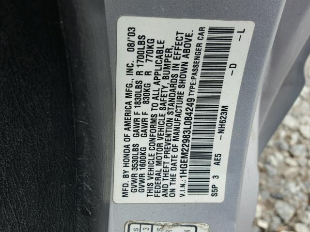 1HGEM22983L084249 - 2003 HONDA CIVIC EX SILVER photo 10