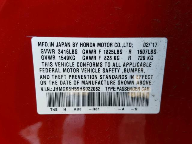 JHMGK5H59HS022082 - 2017 HONDA FIT LX Rouge photo 10