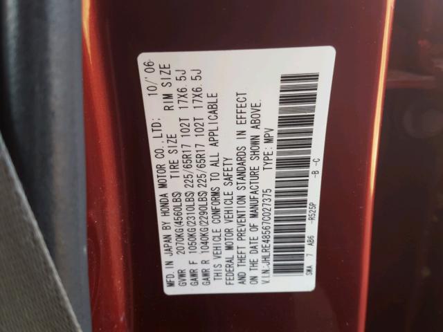 JHLRE48567C027375 - 2007 HONDA CR-V EX MAROON photo 10