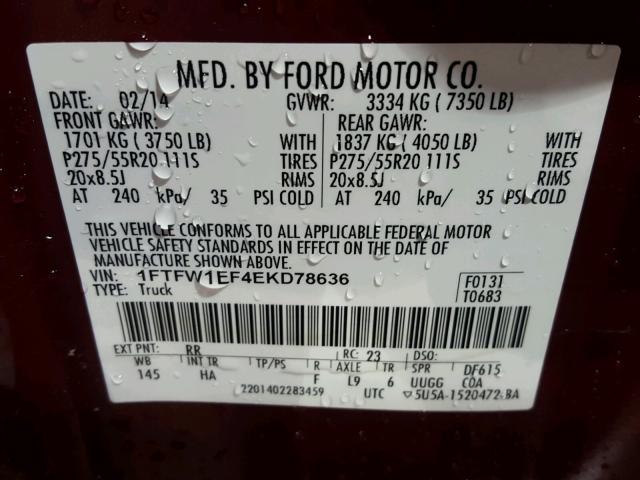 1FTFW1EF4EKD78636 - 2014 FORD F150 SUPER MAROON photo 10