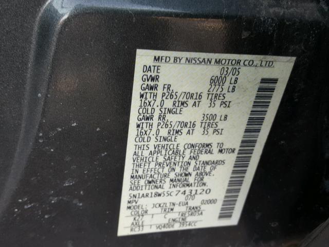 5N1AR18W55C743120 - 2005 NISSAN PATHFINDER GRAY photo 10