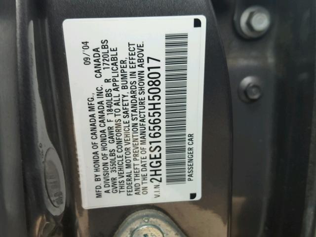 2HGES16565H508017 - 2005 HONDA CIVIC LX SILVER photo 10