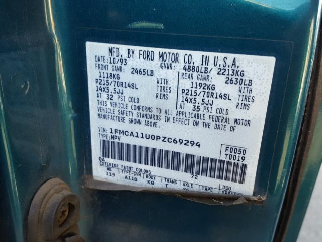 1FMCA11U0PZC69294 - 1993 FORD AEROSTAR GREEN photo 10