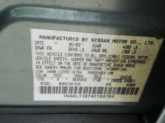 1N4AL11D74C124764 - 2004 NISSAN ALTIMA BAS GREEN photo 10