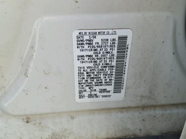 JN8AZ18W59W120688 - 2009 NISSAN MURANO S WHITE photo 10