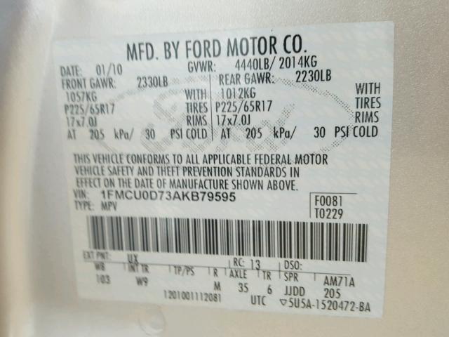 1FMCU0D73AKB79595 - 2010 FORD ESCAPE XLT SILVER photo 10