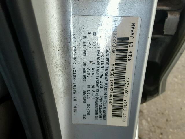 JM1BK12F681185834 - 2008 MAZDA 3 I SILVER photo 10