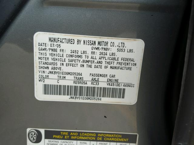 JNKBY01E06M205264 - 2006 INFINITI M45 BASE GRAY photo 10